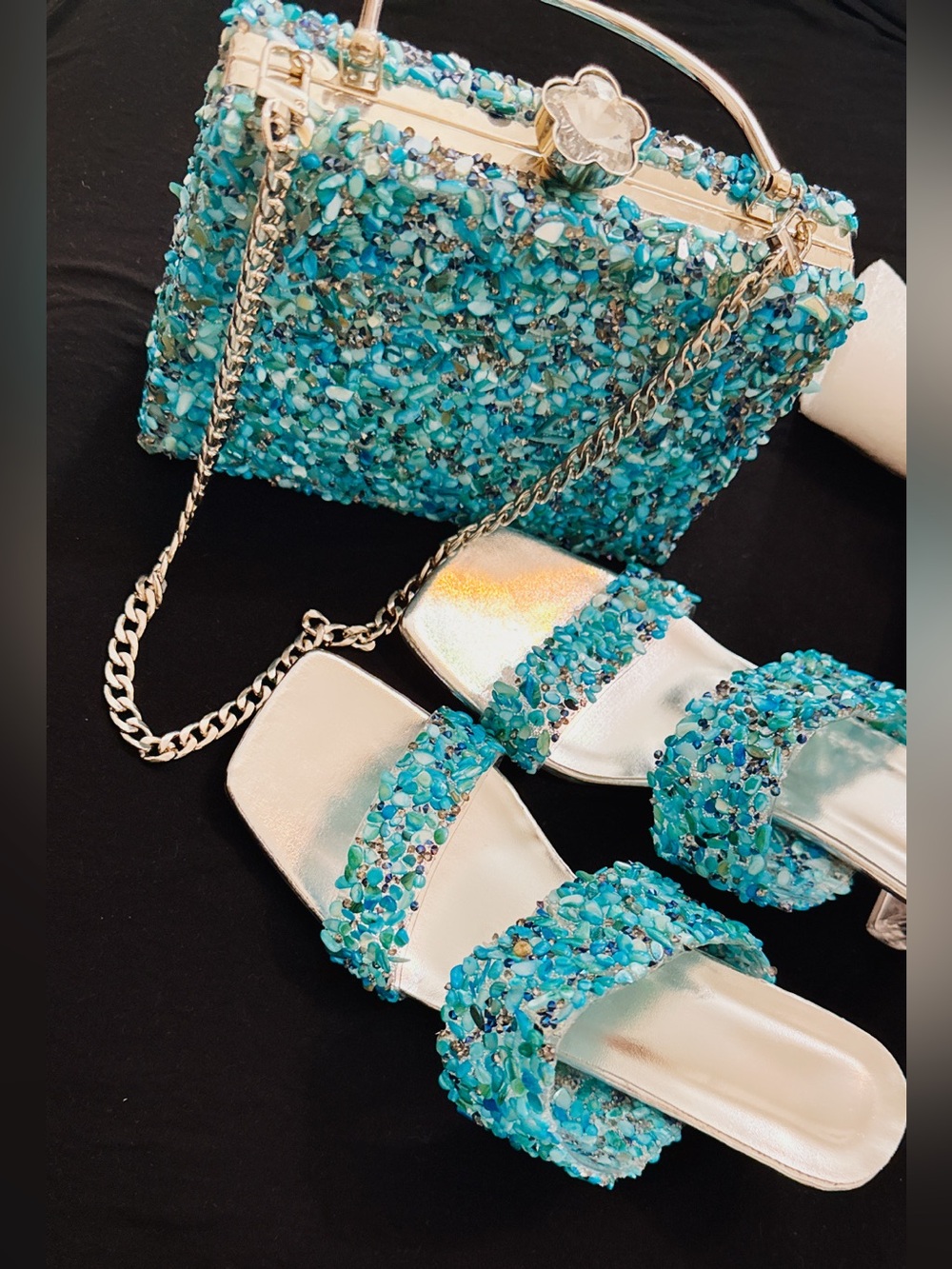 NWOT Turquoise Beaded Clutch Wristlet — Sparkling Evening Bag & matching heels